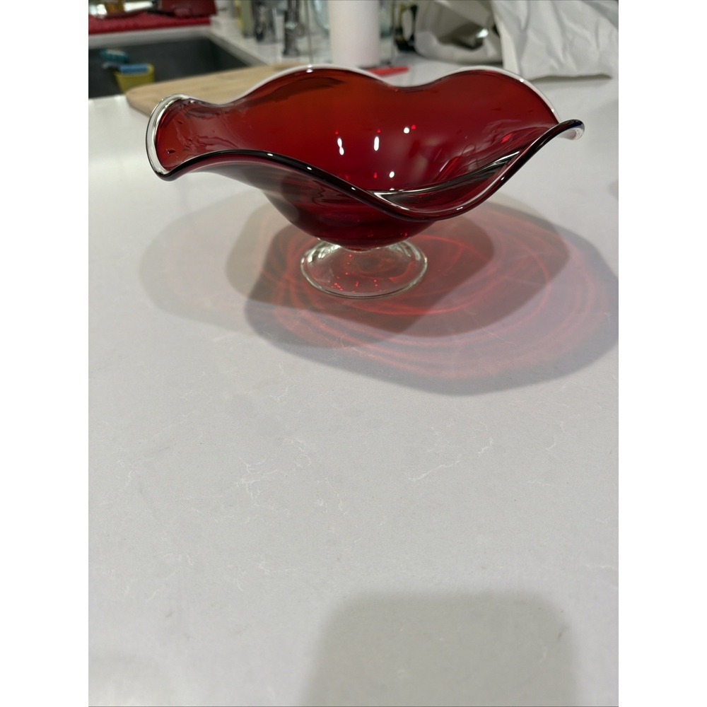 Hand Blown Ruby Red Wavy Rim Art Glass Pedestal Bowl with Clear edge 9 in